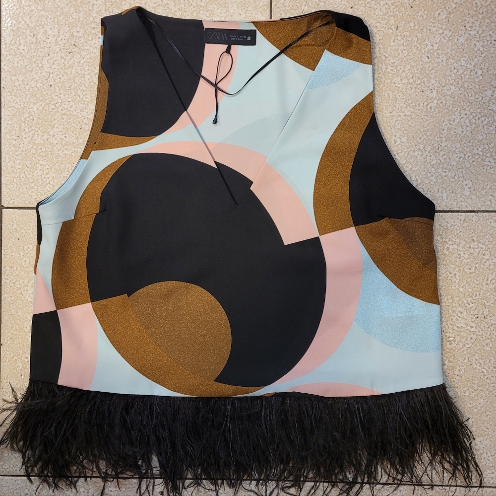 Zara Multicolor Graphic Feather-Hem Crop Top Size Large - Picture 2 of 11